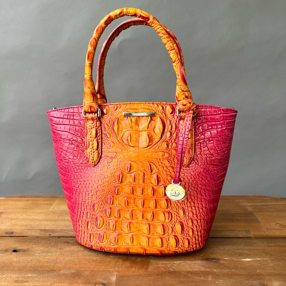 Brahmin Orange and Pink Croc Embossed Tote